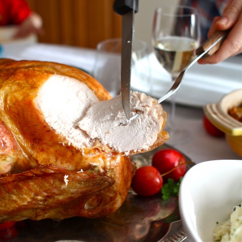 Young woman measuring temperature of whole roasted turkey with