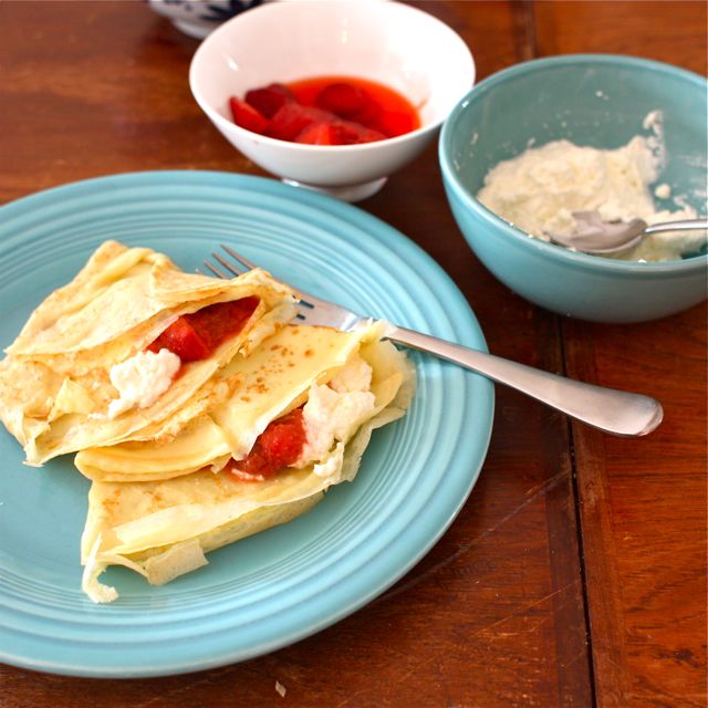 Whey Crepes with Homemade Ricotta & Rhubarb Compote