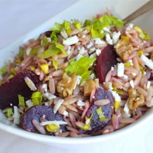 beet and orzo salad with feta