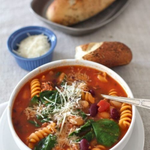 Soup from the Pantry (recipe: Sausage, Bean & Pasta Soup with Spinach)