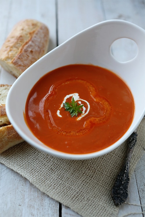 Roasted Red Pepper Soup with Parsley Cream via SimpleBites.net