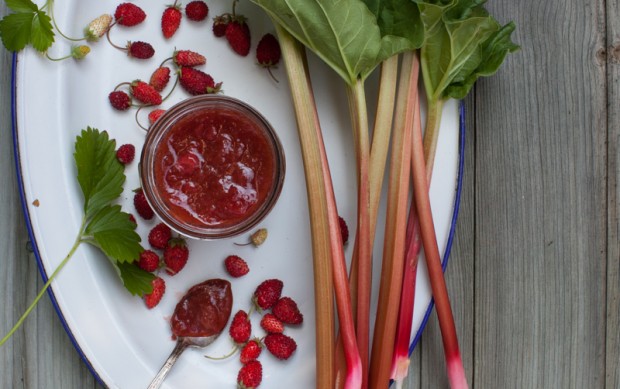 Strawberry-Rhubarb Honey Jam on www.simplebites.net #DIY #jam #homemade