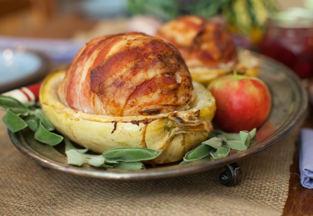 Squash-Roasted Bacon & Cranberry-Stuffed Turkey Roulade on www.simplebites.net #recipe #dinner #thanksgiving #turkey