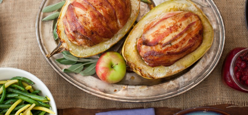 Squash-Roasted, Bacon-Wrapped Turkey Roulade with Cider Gravy