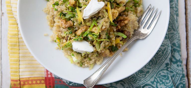Preserved Lemon Quinoa with Shaved Brussels, Toasted Walnuts