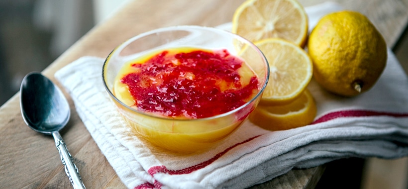 Lemon Pudding with Raspberry Sauce