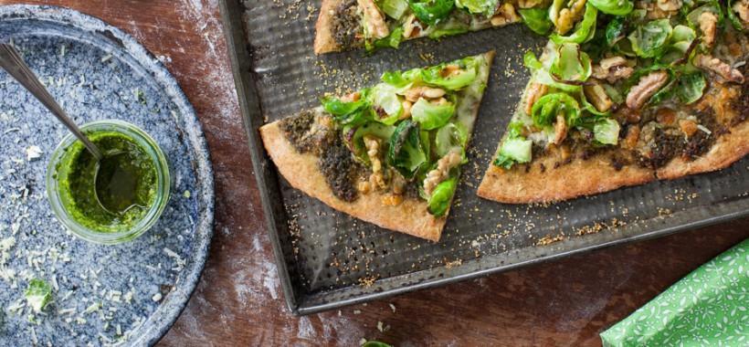 Brussels Sprout, Walnut & Pesto Pizza on Whole Wheat Crust
