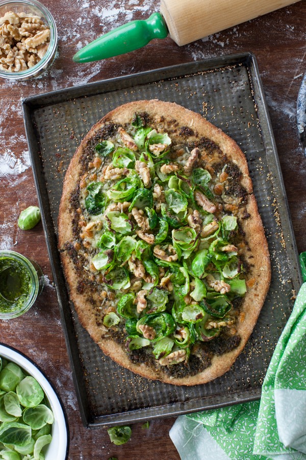 Brussel Sprout, Walnut & Pesto Pizza on Whole Wheat Crust | Simple Bites #dinner #vegetarian #recipe