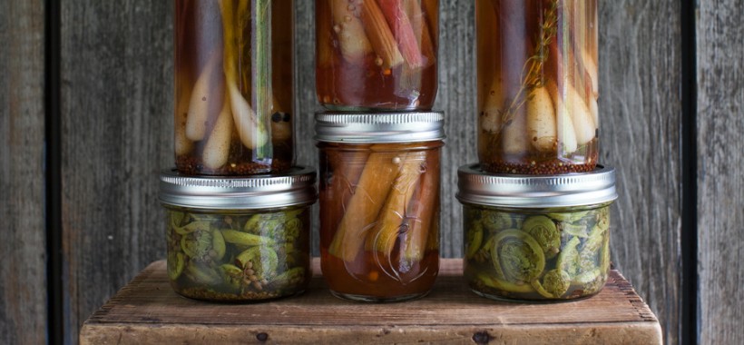 A trio of spring pickles: ramps, rhubarb and fiddleheads