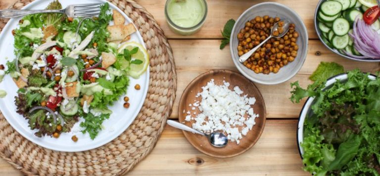 Middle Eastern Taco Salad with Roasted Chickpeas, Tangy Avocado Dressing