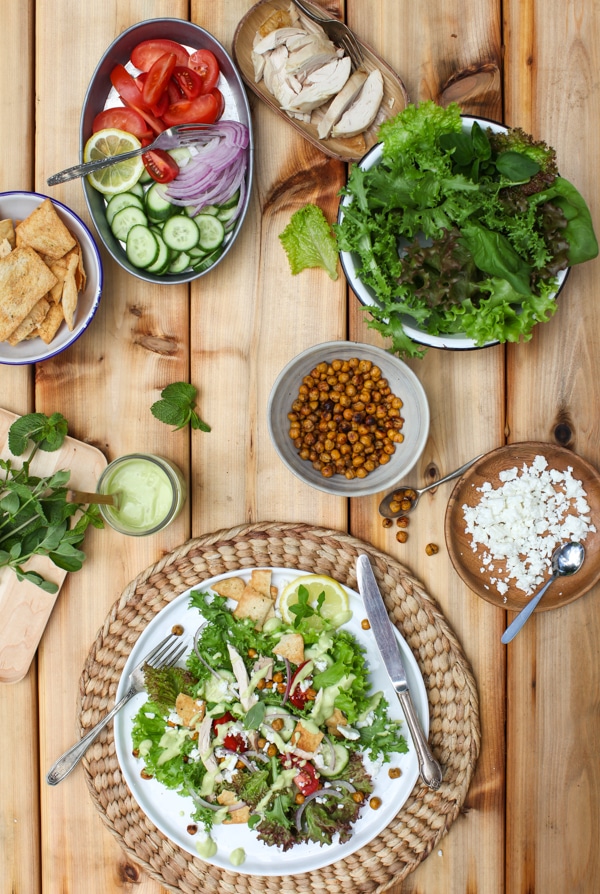 Middle Eastern Taco Salad with Roasted Chickpeas, Tangy Avocado Dressing | Simple Bites #salad #recipe