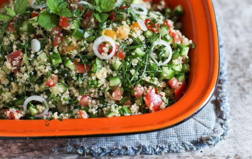 Kale Tabbouleh with Cucumber, Mint and Garlic Scapes