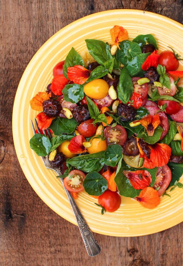 Tomato Nasturtium Salad with Dates and Pistachios | Simple Bites #recipe #salad #vegetarian #vegan