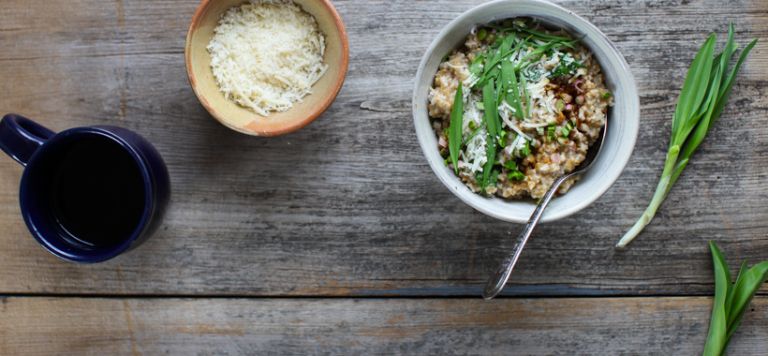 Savoury Steel-Cut Oats with Ramps, Parmesan and Tamari