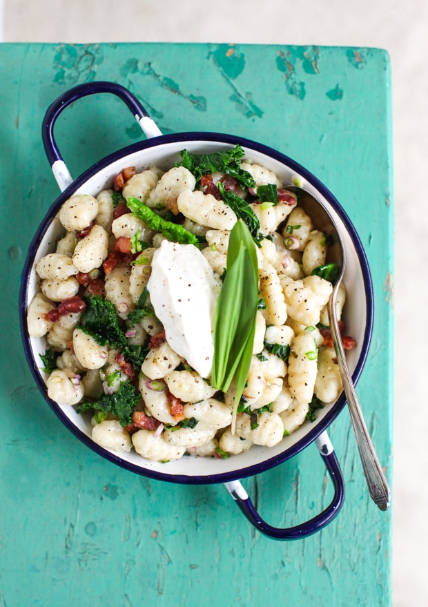 Sour Cream & Ramp Gnocchi with Sautéed Kale and Crispy Bacon 