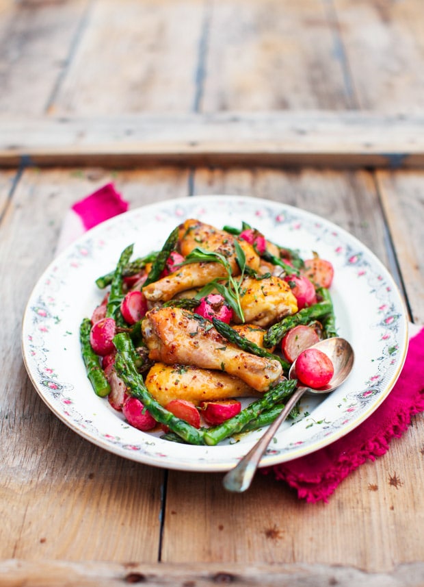 Easy Maple Mustard Chicken Drumsticks with Roasted Radishes & Asparagus