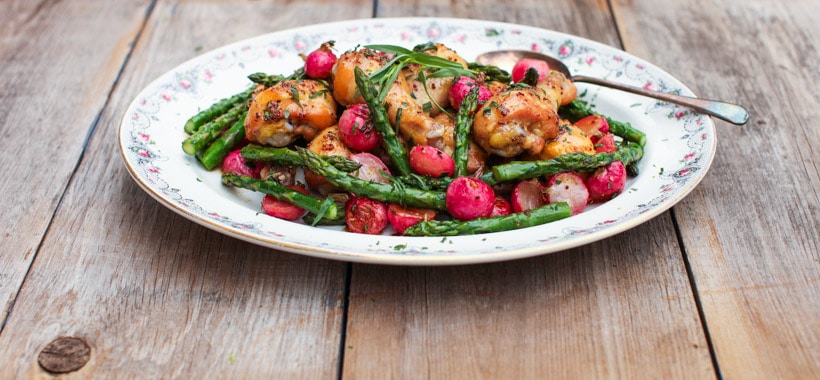 Easy Maple Mustard Chicken Drumsticks with Roasted Radishes & Asparagus