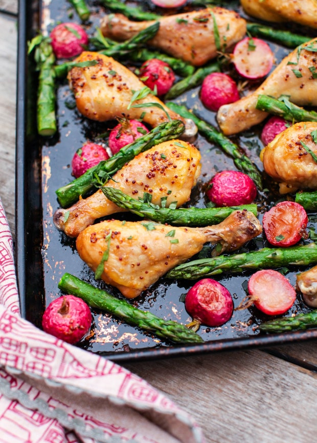 Easy Maple Mustard Chicken Drumsticks with Roasted Radishes & Asparagus :: Simple Bites
