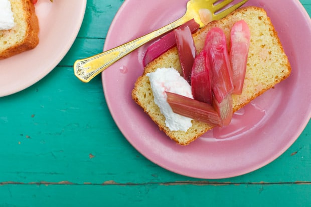 One-Bowl Lemon Ricotta Pound Cake with Roasted Rhubarb || Simple Bites