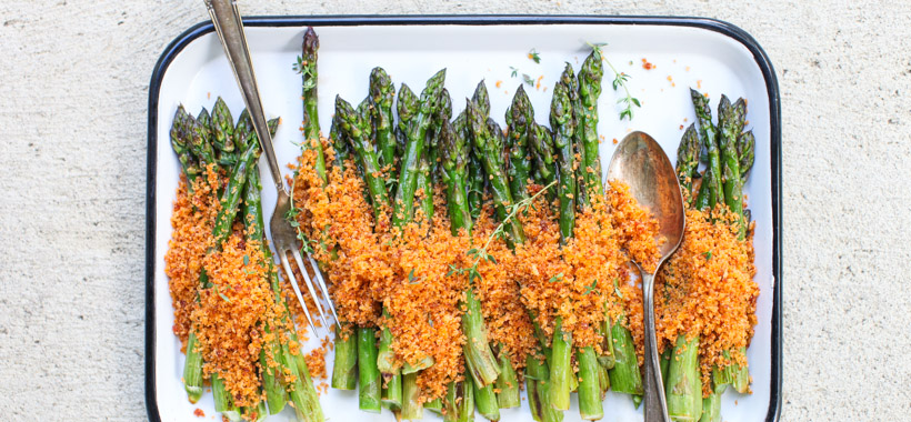 Roasted Asparagus with Harissa Brown Butter Breadcrumbs