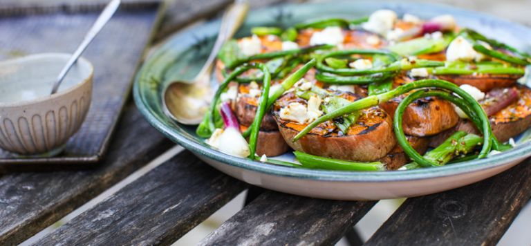 Grilled Green Onion & Sweet Potato Salad with Warm Chèvre