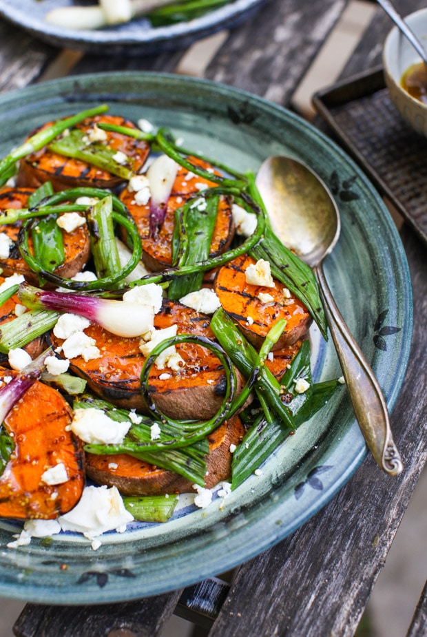 Grilled Green Onion & Sweet Potato Salad with Warm Chèvre | Simple Bites