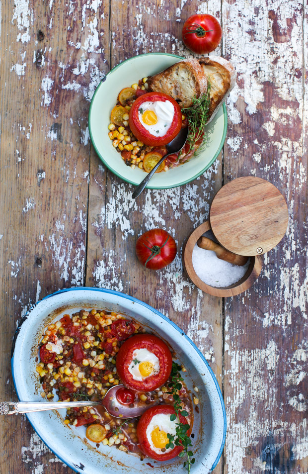 5-Ingredient Baked Eggs in Tomatoes on Roasted Corn and Lentils || Simple Bites