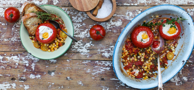 5-Ingredient Baked Eggs in Tomatoes on Roasted Corn and Lentils