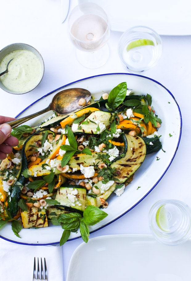 Grilled Zucchini Salad with Hazelnuts and Feta, Yogourt Mint Dressing | Simple Bites