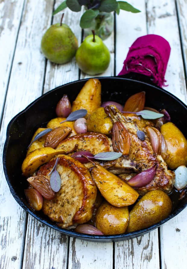 Pork Chops With Roasted Pears Sage And Shallots Simple Bites