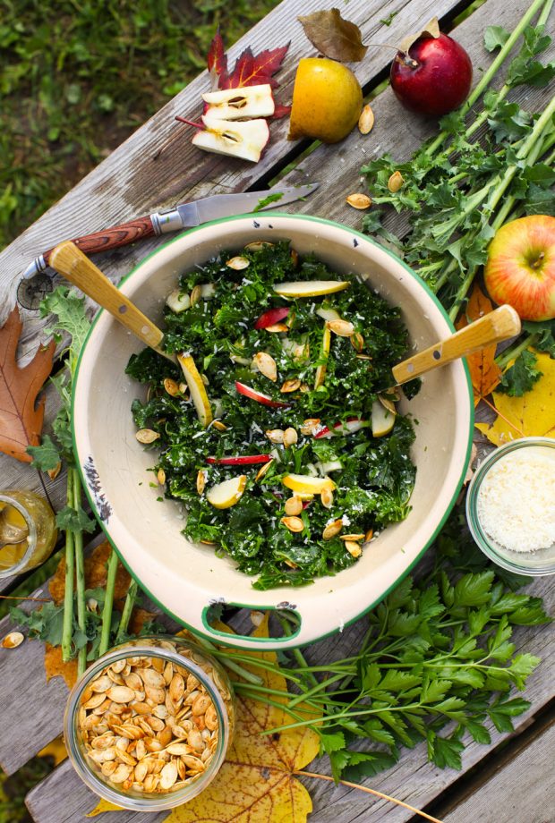 Autumn Apple and Kale Salad with Parmesan and Roasted Pumpkin Seeds || Simple Bites