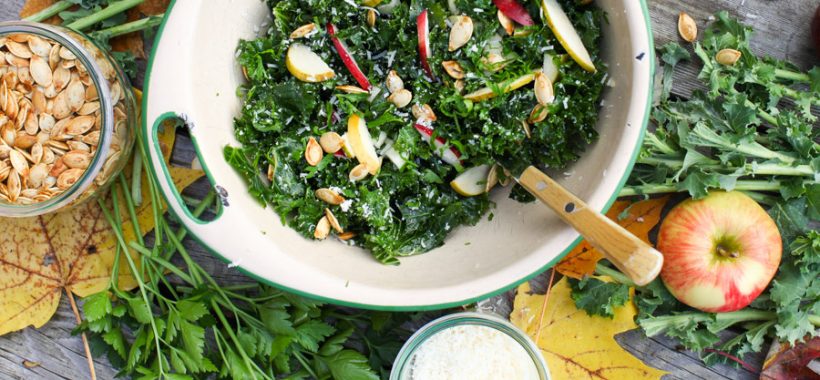 Autumn Apple and Kale Salad with Parmesan and Roasted Pumpkin Seeds