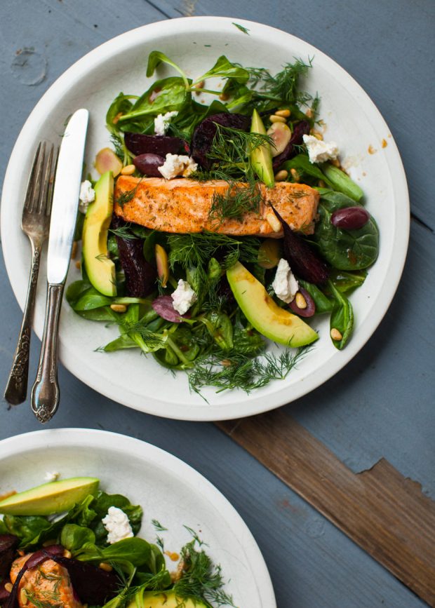 Warm salmon & spinach salad with roasted beets, avocado and feta ...