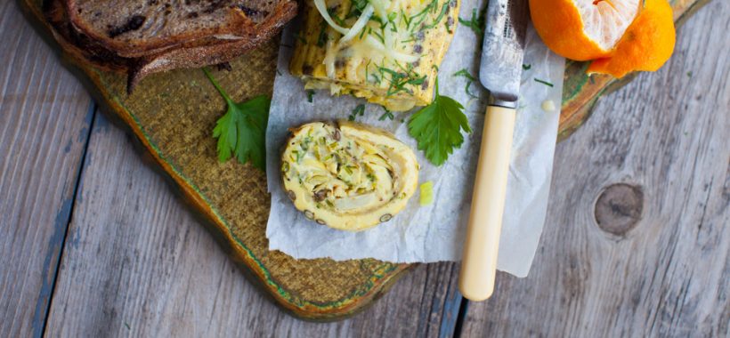 Cheesy Leek and Lentil Rolled Omelet with Artichokes