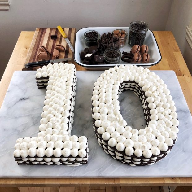 Pink and White Cake with Number 10 and Hearts on Table. Birthday,  Anniversary. Stock Image - Image of celebration, colorful: 229038395