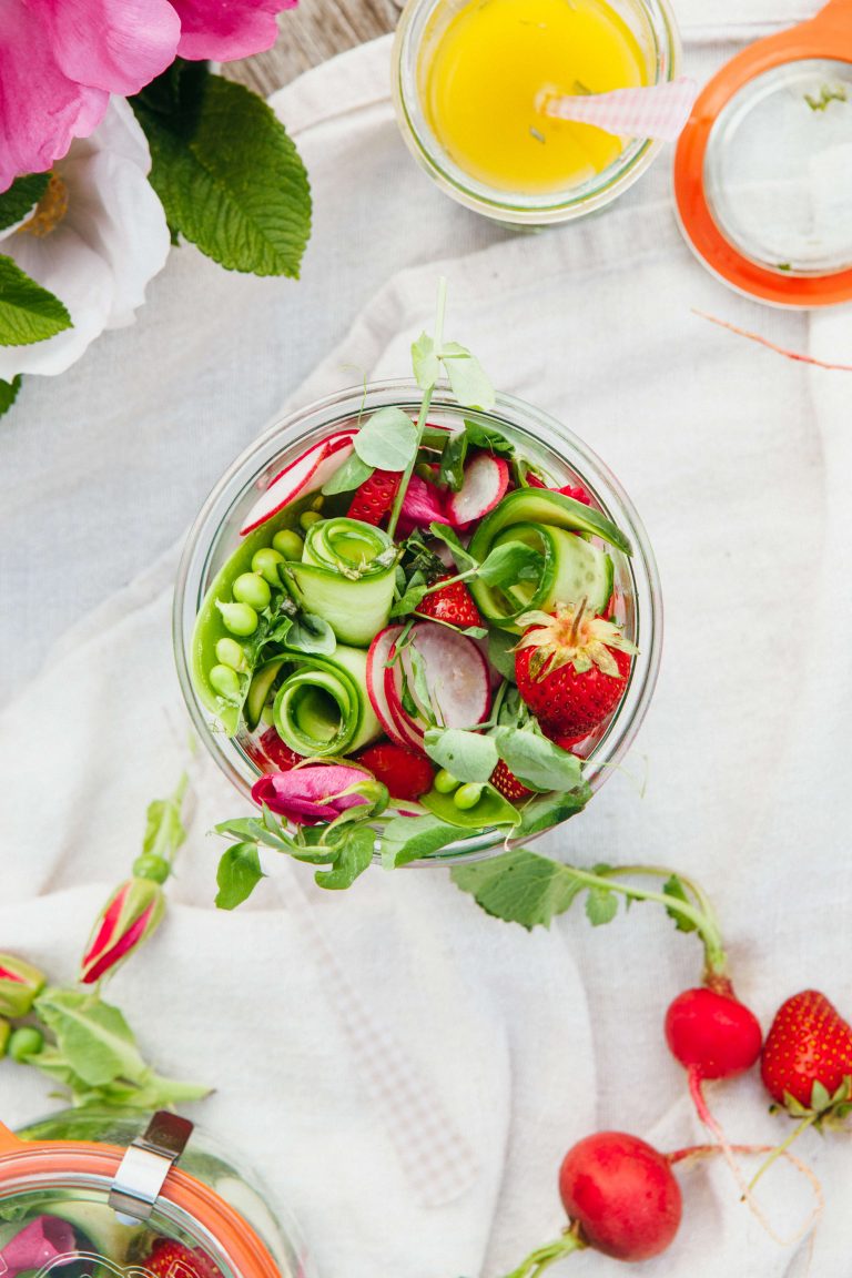 Strawberry, Cucumber and Radish Salad with Pea Shoots