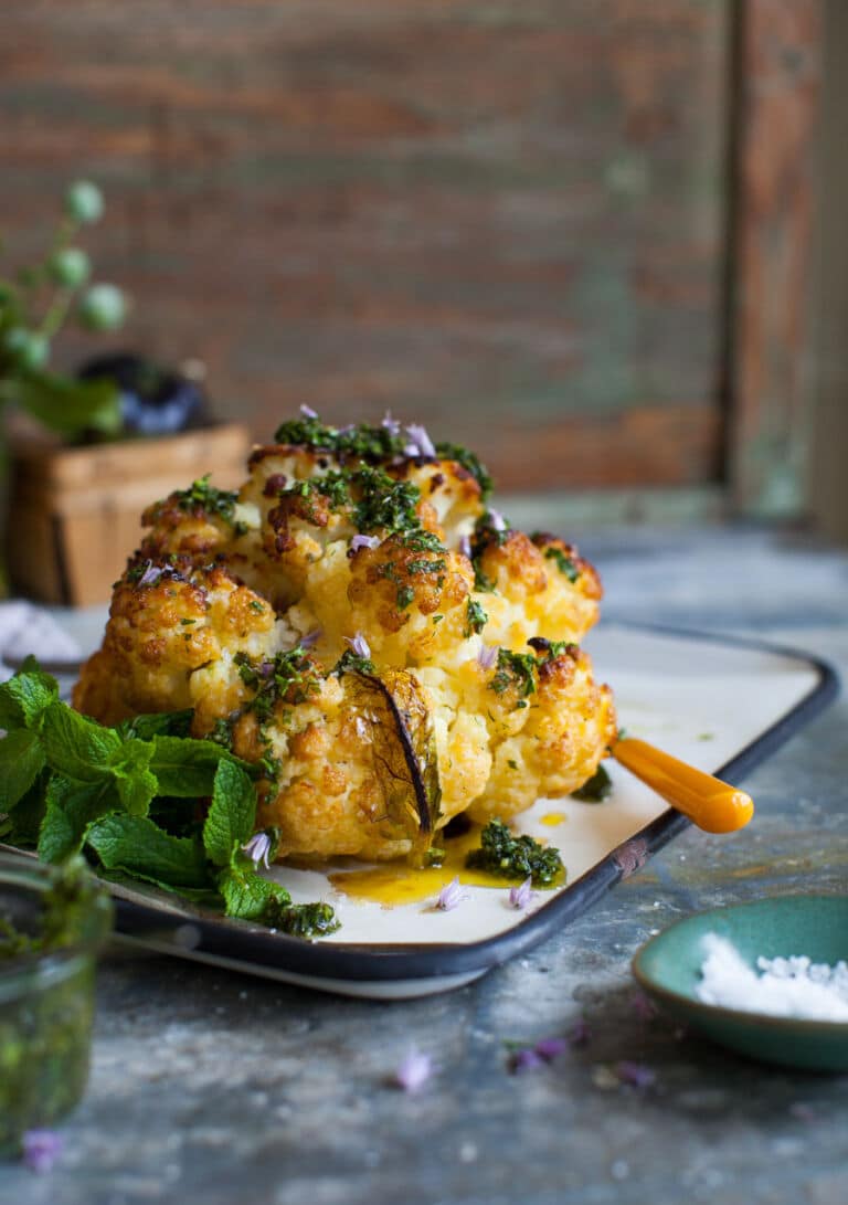 Whole Roast Cauliflower with Minty Chimichurri :: Simple Bites