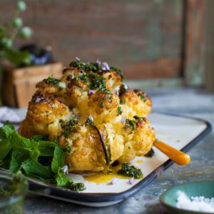 Whole Roast Cauliflower with Minty Chimichurri :: Simple Bites