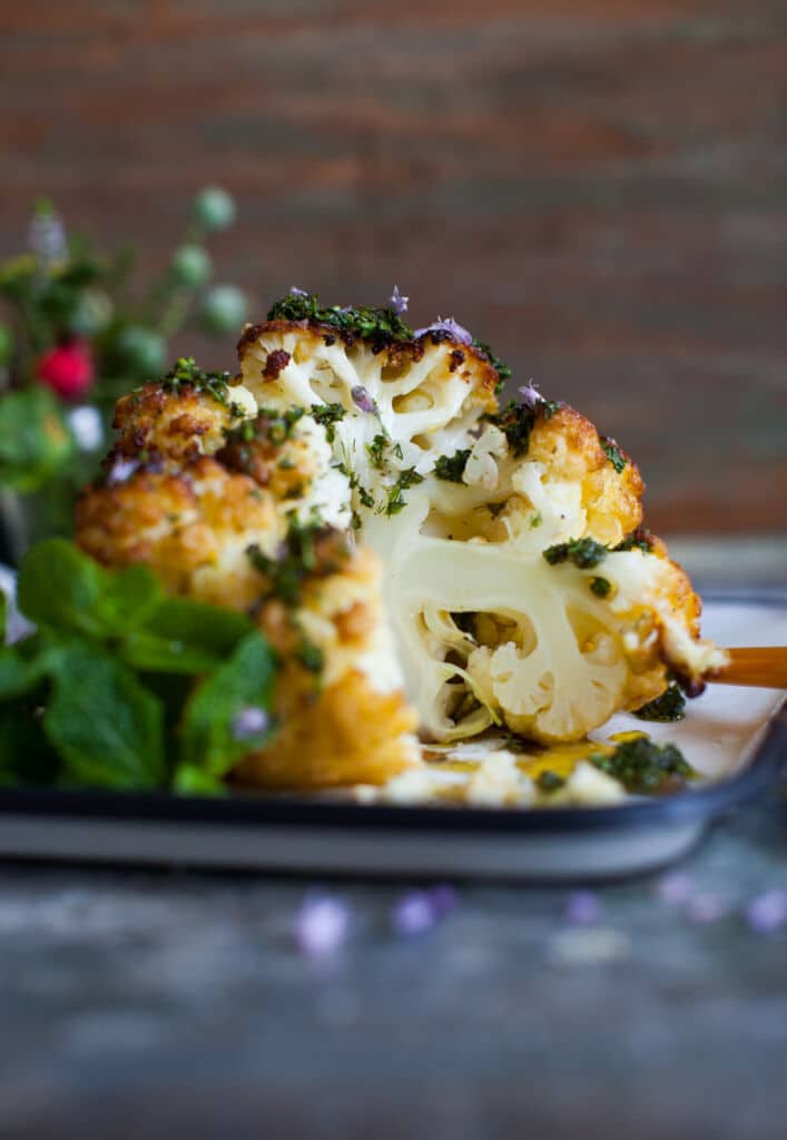 Whole Roast Cauliflower with Minty Chimichurri :: Simple Bites