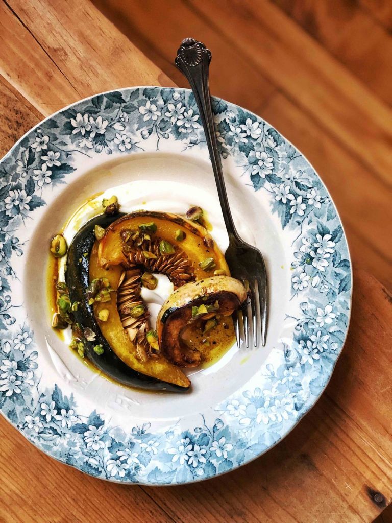 Roasted Squash with Yogurt and Spiced, Buttered Pistachios