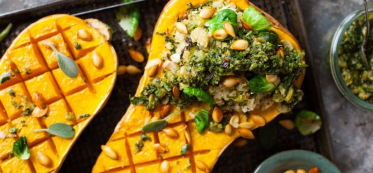 Grains and Greens-Stuffed Squash with Herb Salsa