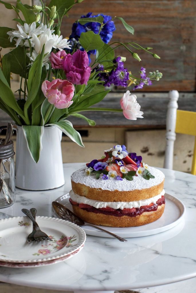 Victoria Sponge Cake with Strawberry Rhubarb Jam - Simple Bites