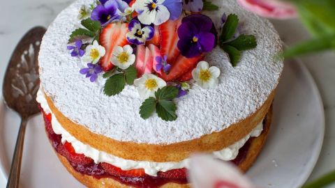 Victoria Sponge Cake with Strawberry Rhubarb Jam - Simple Bites