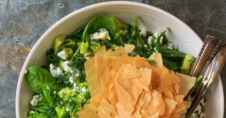 Spinach Feta Salad with Crispy Filo Chips