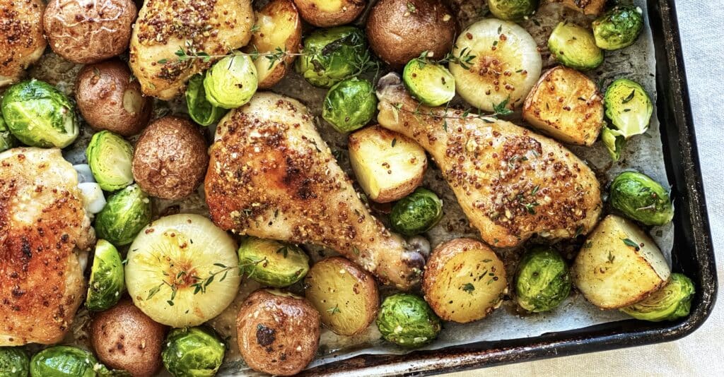 Maple Mustard Chicken with Roast New Potatoes and Brussels Sprouts