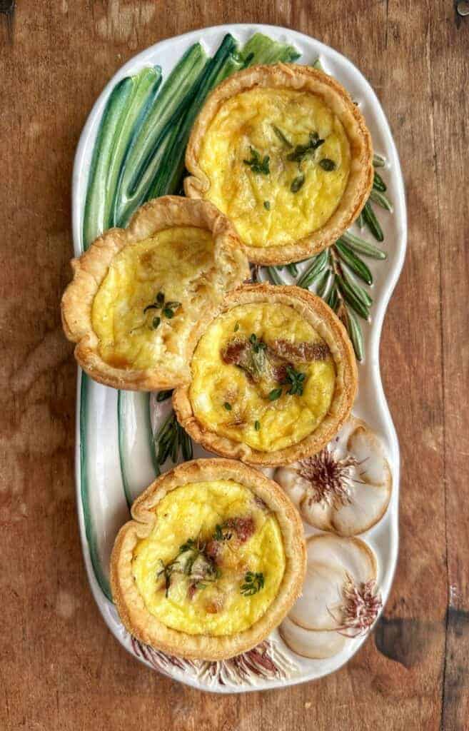 mini quiche onion plate flat lay tall